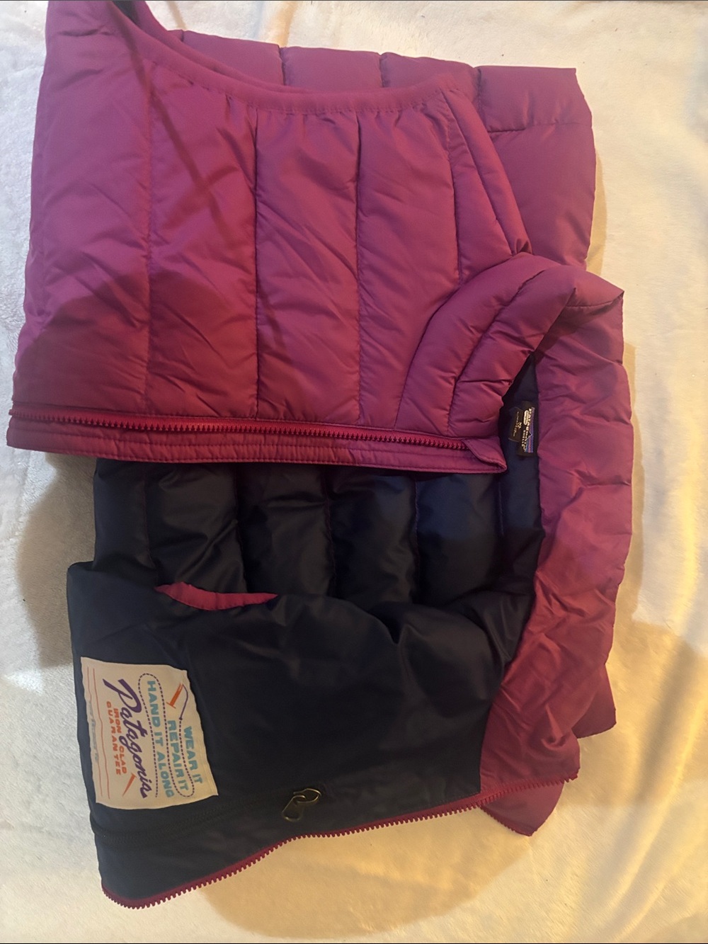 Patagonia Two-Tone Puffer Jacket - Magenta Exterior, Navy Interior